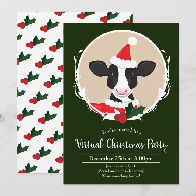 Cow Santa Green White Virtual Christmas Party Invitation (Front/Back)