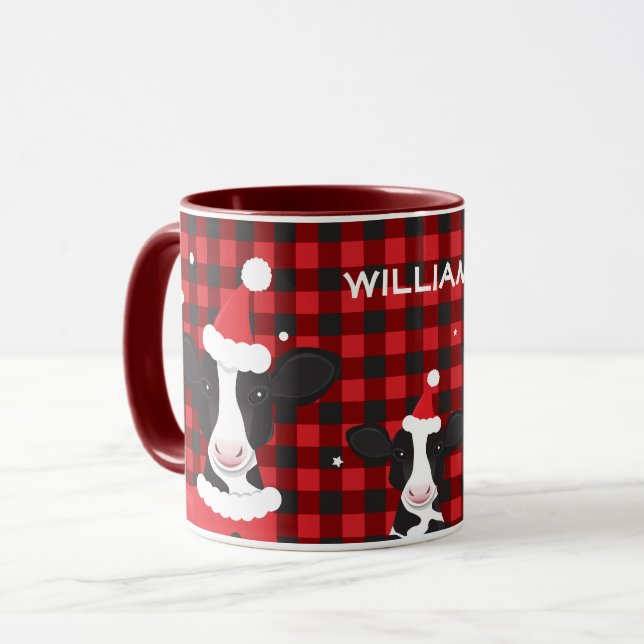 Cow Santa Red Plaid Name Farm Animal Christmas Mug (Front Left)