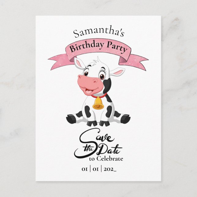 Cow Save the Date Birthday Girl Postcard (Front)