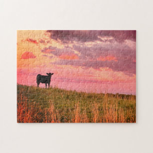 Cow Silhouette at Sunset Jigsaw Puzzle