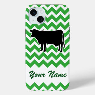 Cow Silhouette with Green Chevron Pattern iPhone 15 Mini Case