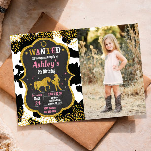 Cow Skin Cowgirl Western Party Birthday Photo Invitation