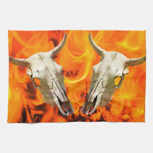 Cow skull and fire kitchen towel