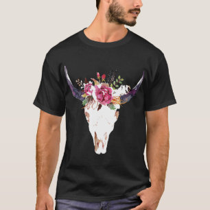 Cow Skull Art With Flowers Awesome For Holiday T-Shirt