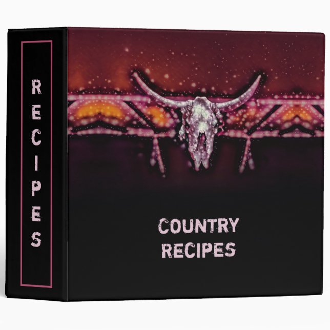 Cow Skull Boho Chic Pink Tribal Western Cookbook Binder (Front/Spine)