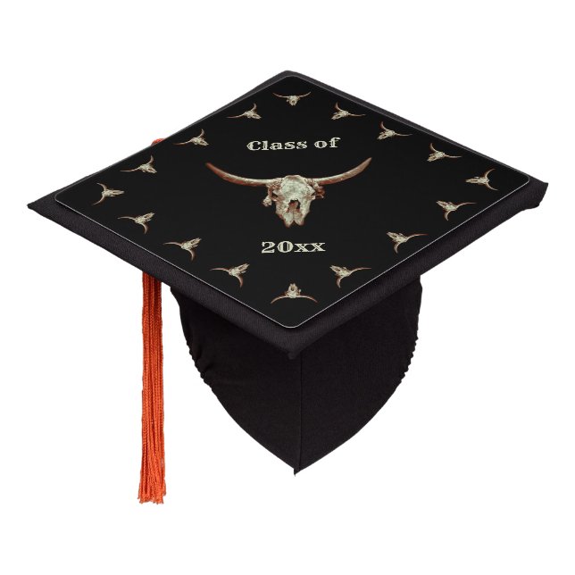 Cow Skull Brown Black Western Country Rustic Style Graduation Cap Topper (Angled)