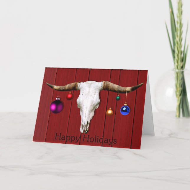 Cow Skull Christmas Ornaments Red Barn Happy Hol Holiday Card (Front)
