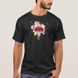 Cow Skull For Women Sugar Flowers Roses Helloween T-Shirt