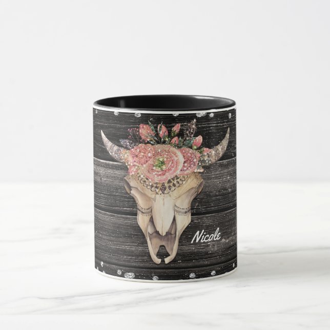 Cow Skull Rustic Glitter Glam Personalized Boho Mug (Center)