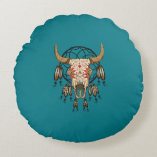 Cow Skull Southwestern Dream Catcher Round Pillow