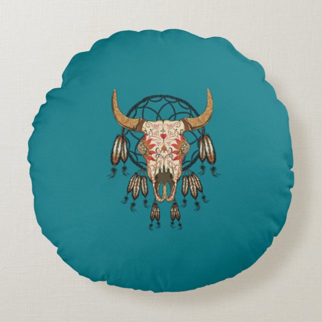 Cow Skull Southwestern Dream Catcher Round Pillow (Front)