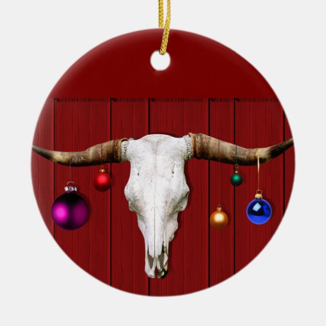Cow Skull with Christmas Ornaments on Red Barn (Front)