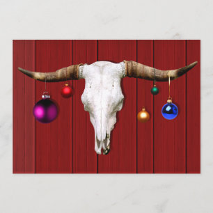 Cow Skull with Christmas Ornaments on Red Barn Invitation