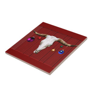 Cow Skull with Christmas Ornaments on Red Barn Tile