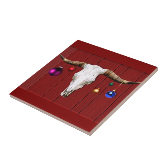 Cow Skull with Christmas Ornaments on Red Barn Tile (Side)