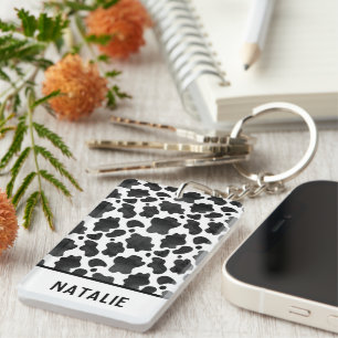Cow Spots Pattern Black and White Animal Print Keychain