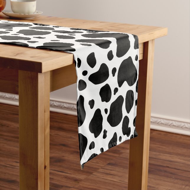 Cow Spots Pattern Black and White Animal Print Short Table Runner (In Situ)