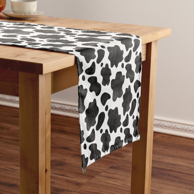 Cow Spots Pattern Black and White Animal Print Short Table Runner (In Situ)
