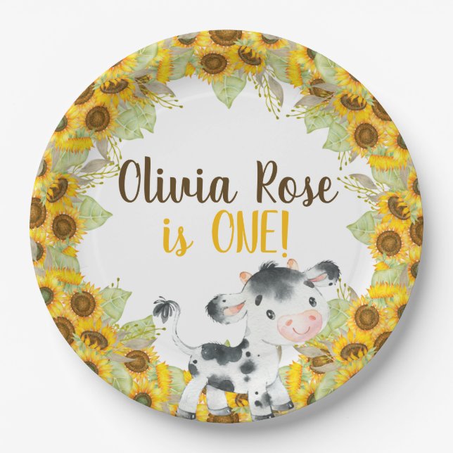 Cow sunflower girl birthday customized paper plate (Front)
