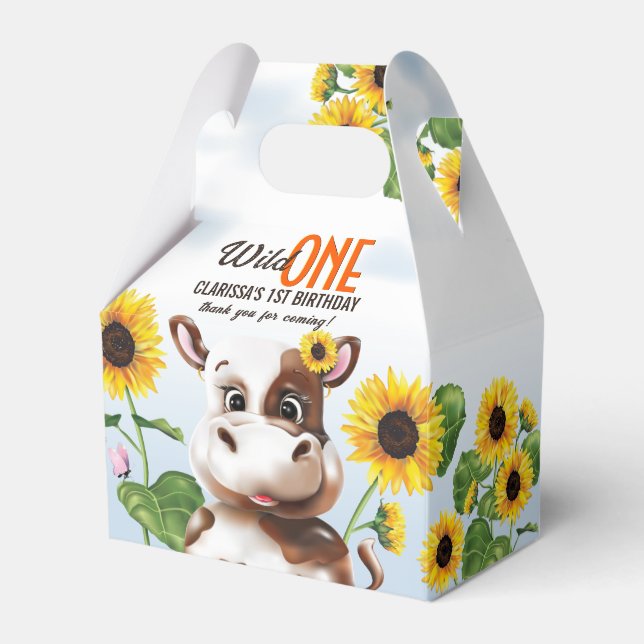 Cow Sunflower Girl First Birthday Favor Box (Front Side)