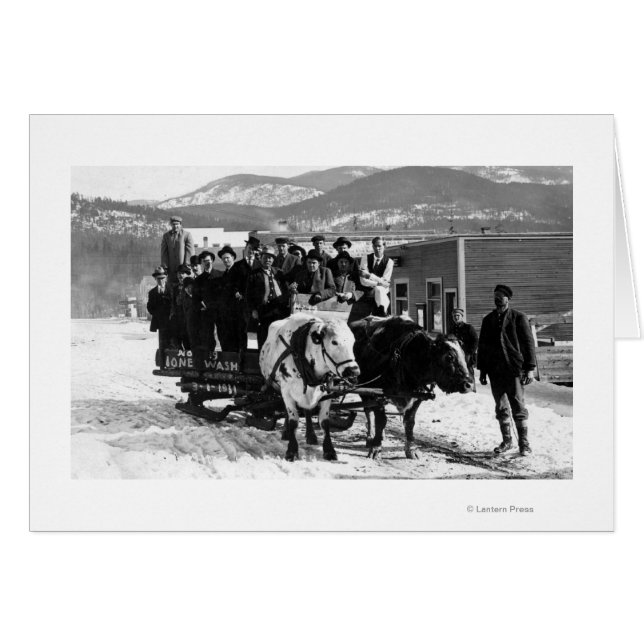 Cow Team Pulling Men in a Wagon (Front Horizontal)