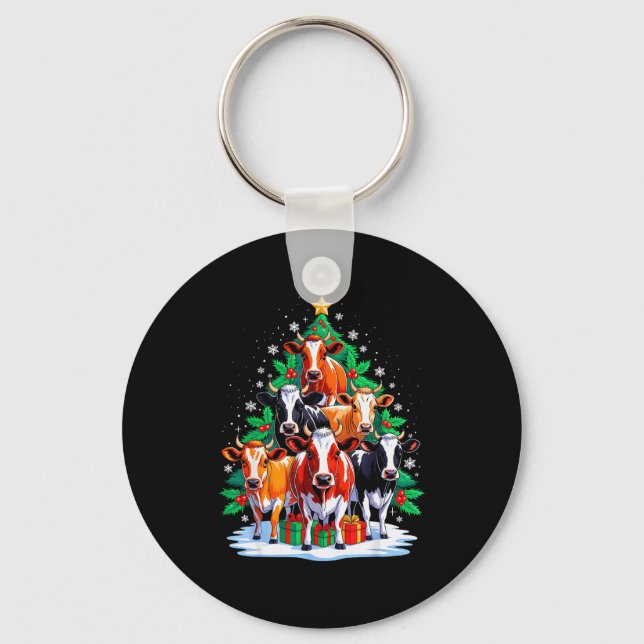 Cow Tree Christmas Cow Lover Xmas Squad Men Women  Keychain (Front)