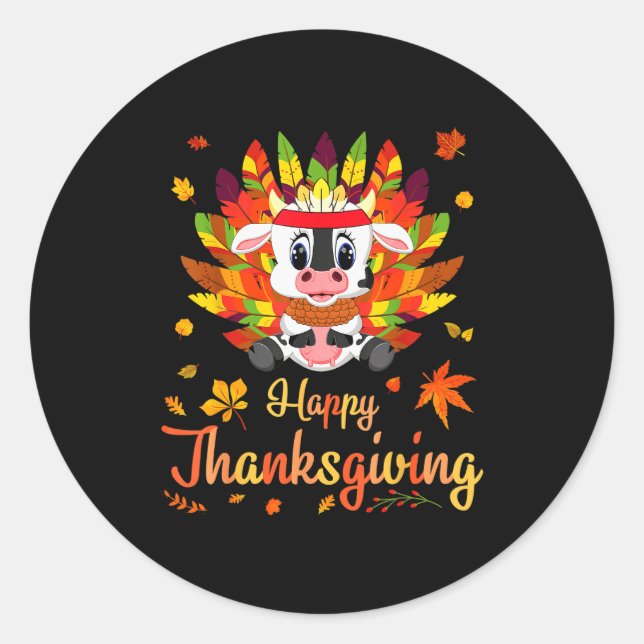 Cow Turkey Costume Heart Happy Thanksgiving Day Da Classic Round Sticker (Front)