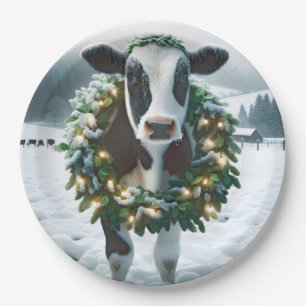 Cow Wearing a Christmas Wreath Paper Plate