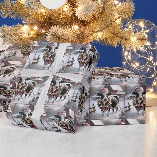Cow Wearing Christmas Wreath Wrapping Paper (Holidays)