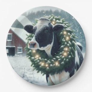 Cow Wearing Glowing Christmas Wreath Paper Plate