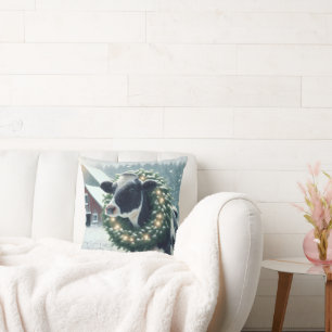 Cow Wearing Lighted Christmas Wreath Throw Pillow