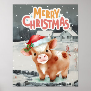 Cow wearing santa hat on winter night view  poster
