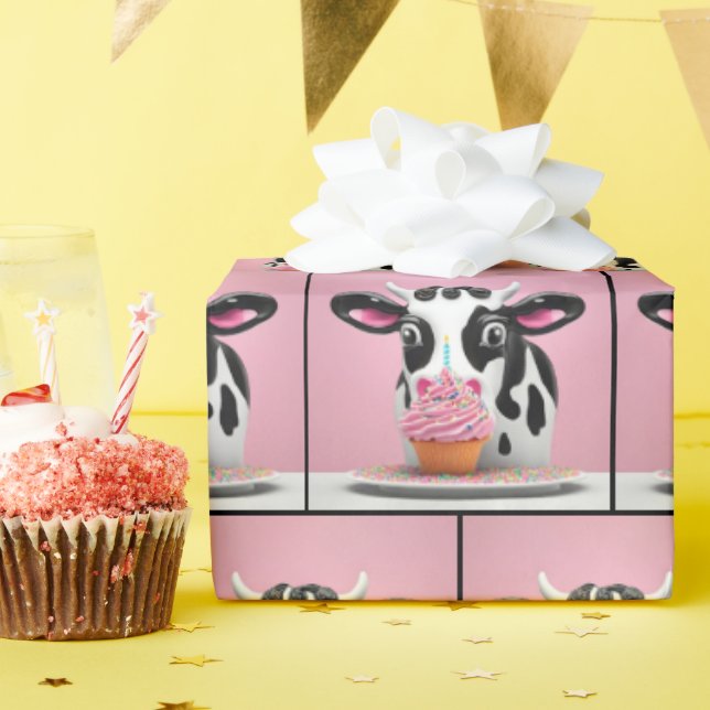 Cow With Birthday Cupcake On Pink Wrapping Paper (Birthday Party)