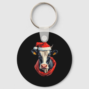 Cow With Christmas Hat Funny Cute Xmas Holstein Co Keychain