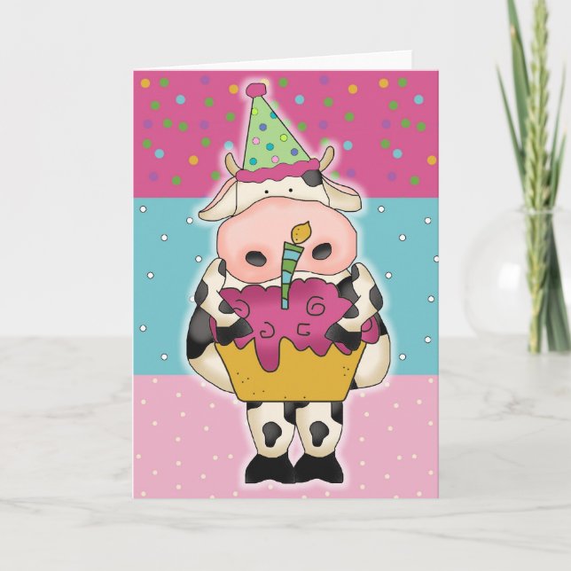 Cow with Cupcake Birthday Card (Front)