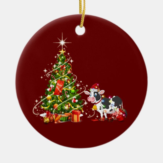 Cow With Hat Scaft Christmas Ceramic Ornament (Front)