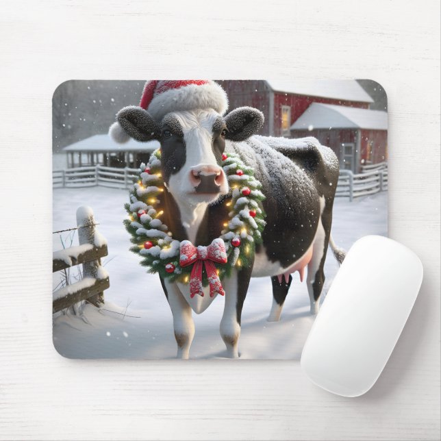 Cow With Holiday Wreath Mouse Pad (With Mouse)