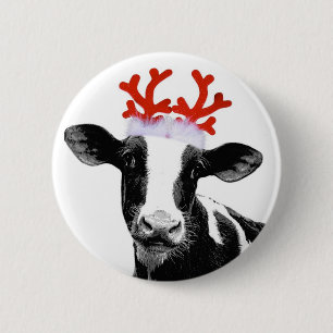 Cow with Reindeer Antlers 2 Inch Round Button