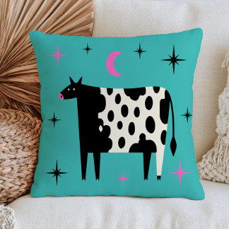 Cow with Stars& Moon Blue Turquoise Throw Pillow