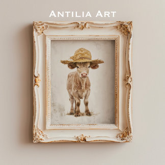 Cow with Straw Hat Whimsical Farm Animal Calf Poster