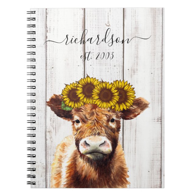 Cow with Sunflower Crown Name  Notebook (Front)