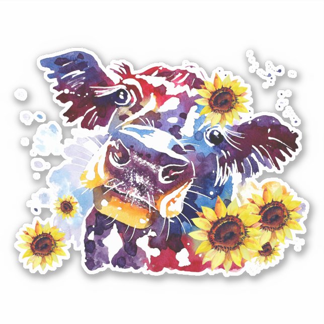 Cow with Sunflowers Custom-Cut Vinyl Sticker (Front)