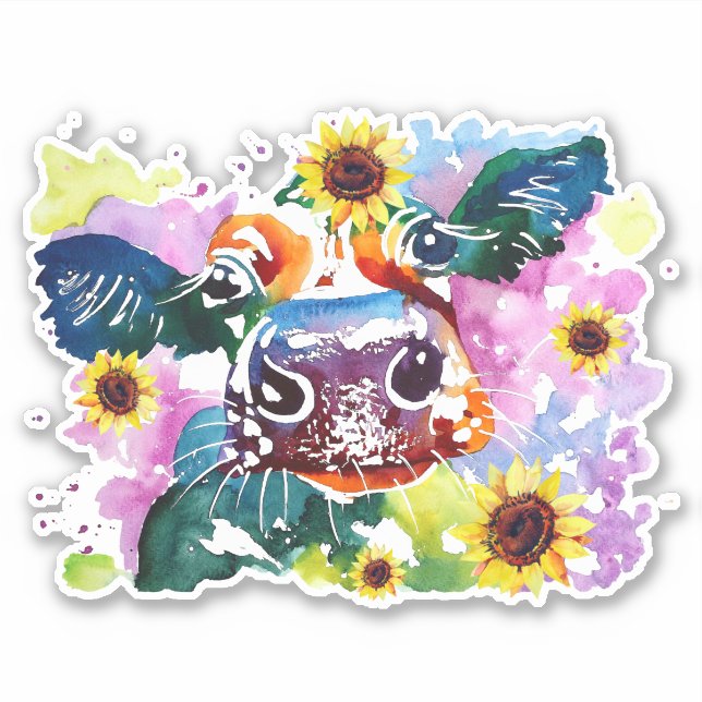 Cow with Sunflowers Custom-Cut Vinyl Sticker (Front)