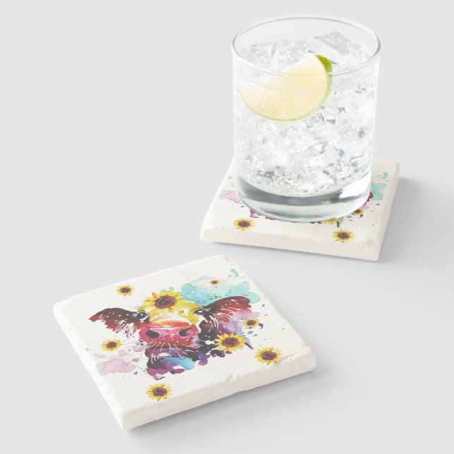 Cow with Sunflowers Stone Coaster (Side)