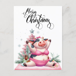  Cow Yoga  with Christmas Decoration  Holiday Postcard