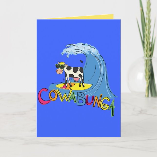 Cowabunga Cute Surfing Cow Summer Greeting Card (Front)