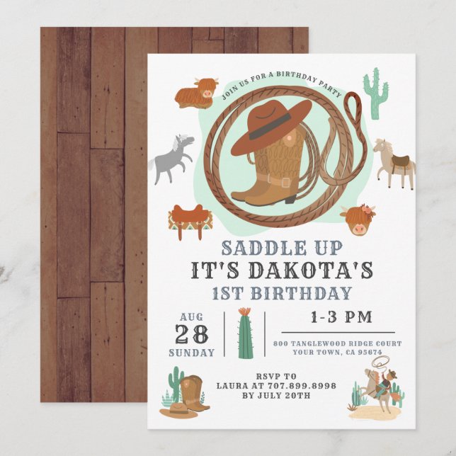 Cowboy 1er Anniversaire Invitation (Devant / Derrière)