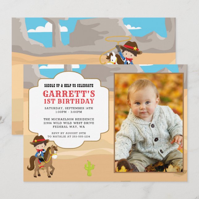 Cowboy 1er anniversaire Photo Party Invitation (Devant / Derrière)