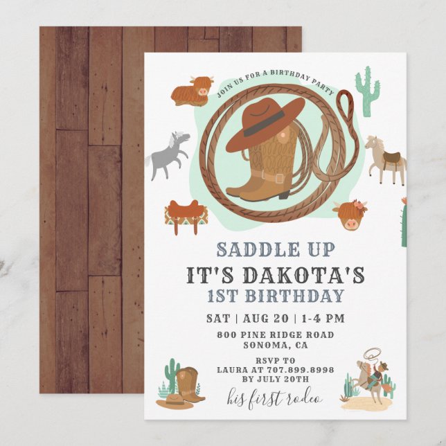 Cowboy 1st Birthday Party Invitation (Front/Back)