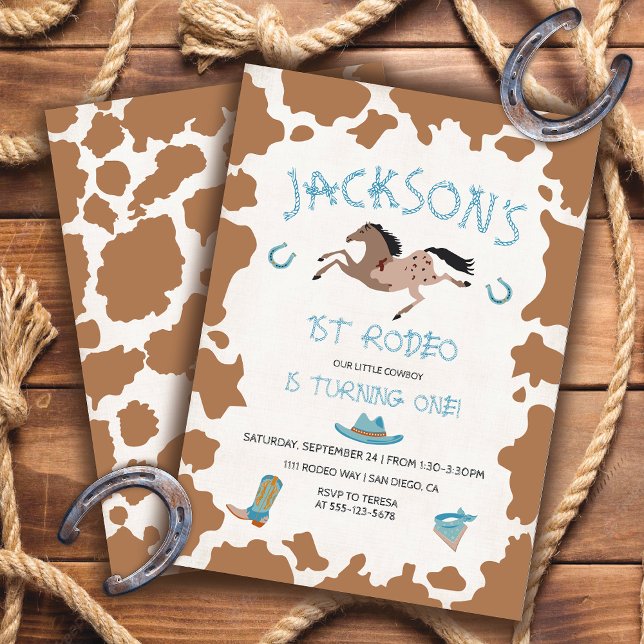 Cowboy 1st Rodeo Cow pattern Birthday Party Invitation (Creator Uploaded)